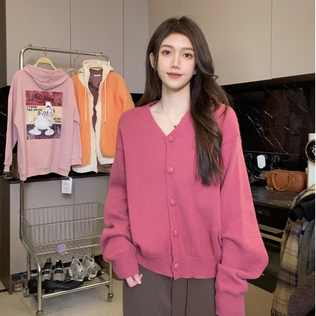 开衫毛衣女宽松休闲2025春秋新款韩版V领针织衫