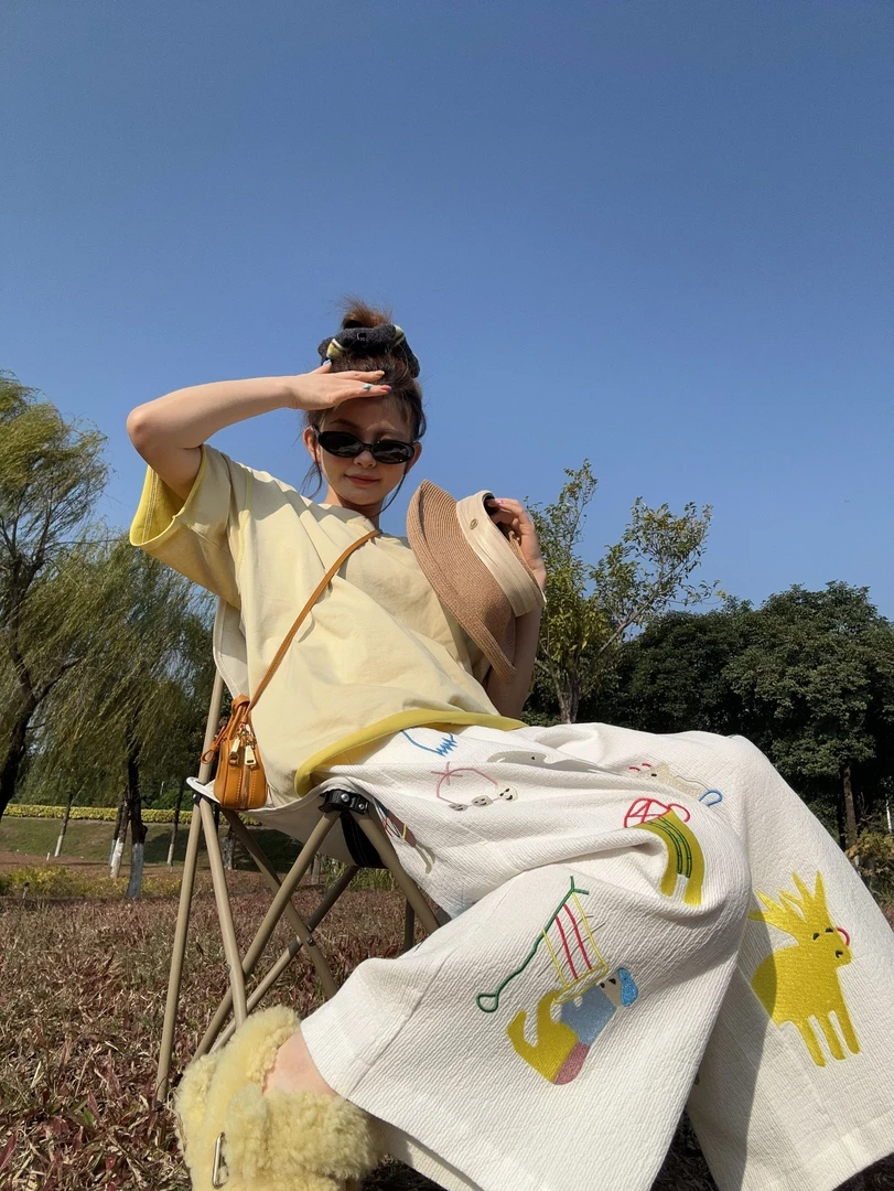 舟舟 【重工刺绣八分裤】裤子休闲时尚潮流百搭运动宽松