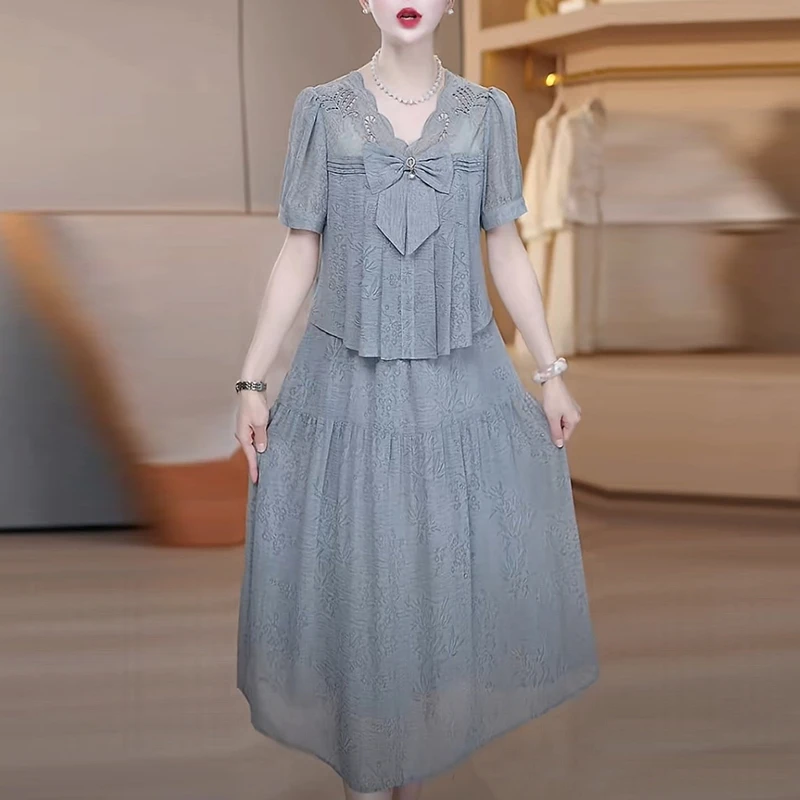 琉璃丝轻奢女装2025夏季新款优雅洋气质小香风假两件短袖连衣裙子