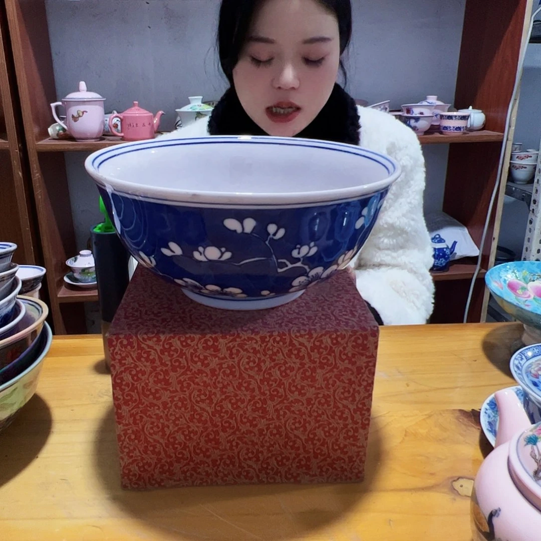 摆件瓷景德镇红xixi冰梅8寸碗