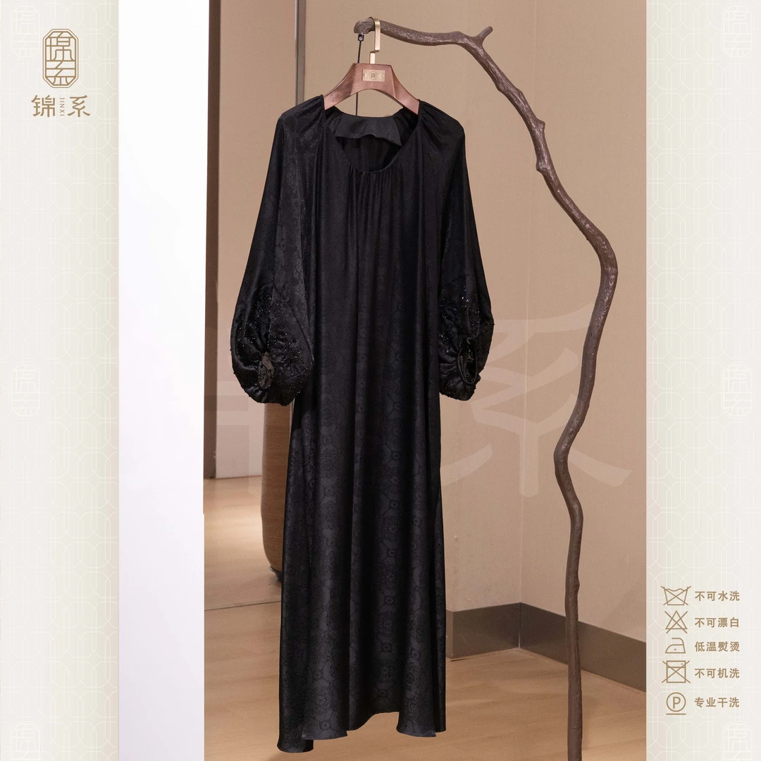 【锦系~新款】桑波缎新中式桑蚕丝袖口撞色圆领长袖连衣裙-411312