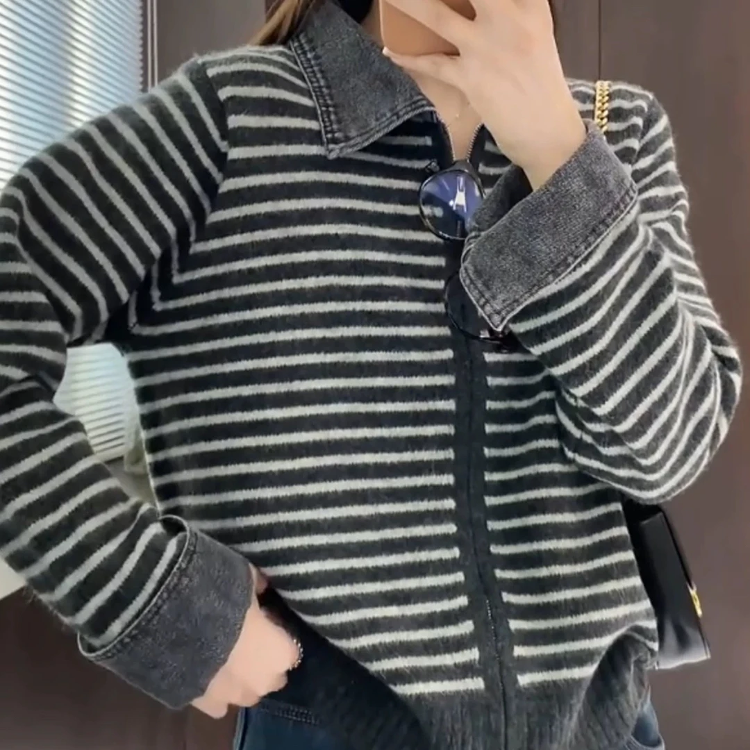 （衣长55）505新款冬季撞色条纹牛仔翻领拉链针织开衫