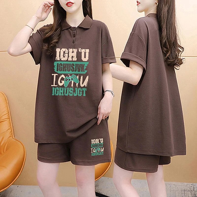 纯棉休闲运动服套装女夏季新款韩版Polo领短袖t恤短裤网红两件套
