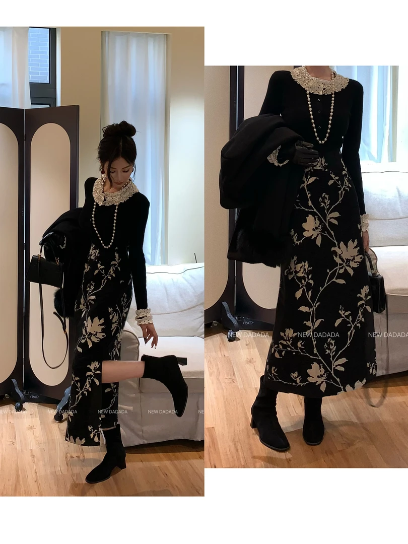 利达 NEW DADADA 黑底花卉印花长裙女复古优雅高腰半身裙CEZ3454
