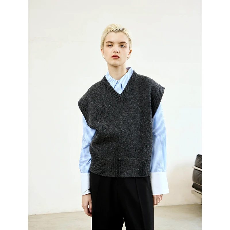 MeeLeeMeeLab原创绅士优雅小V领宽肩RWS特细美丽奴羊毛马甲老钱风