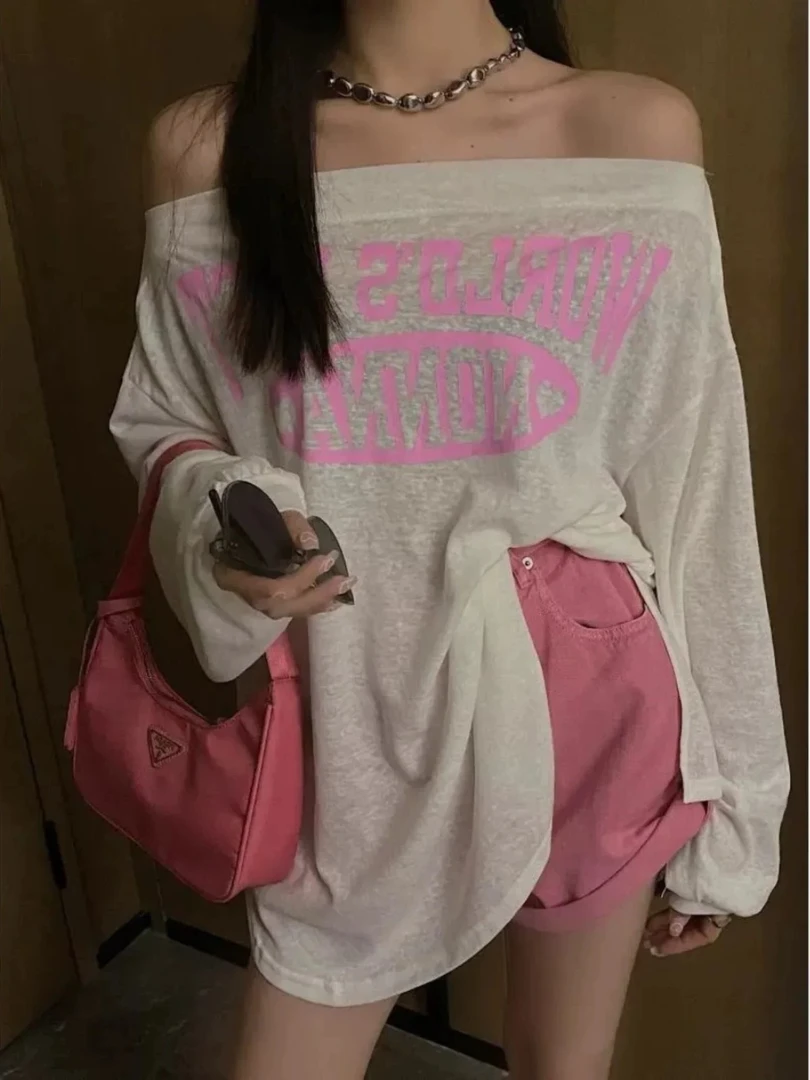 甜菜胖MM大码辣妹性感薄款一字肩上衣夏季长袖露肩中长防晒T恤女