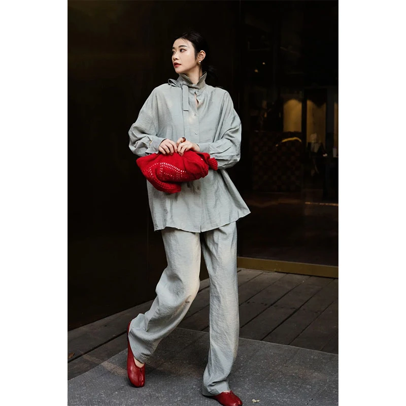 慵懒风气质宽松松弛感百搭长袖衬衫上衣高腰显瘦小众休闲阔腿裤