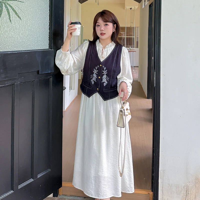 大码女装流行穿搭套装秋季新款胖MM显瘦名族风马甲长袖裙子两件套