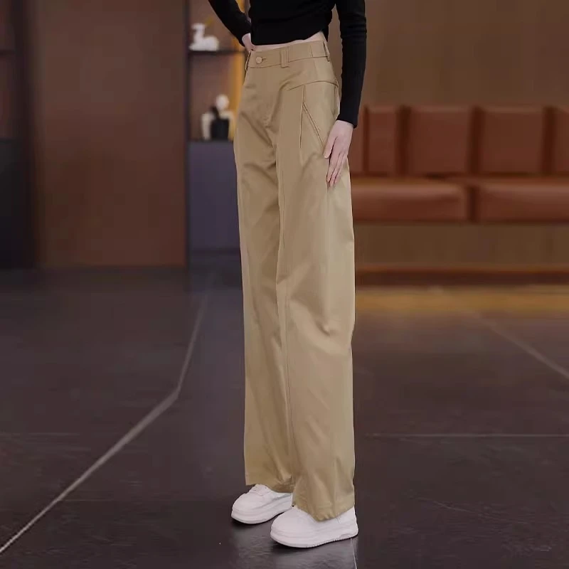 卡其色窄版阔腿裤女春秋2025新款春季高腰显瘦西装裤休闲直筒裤子