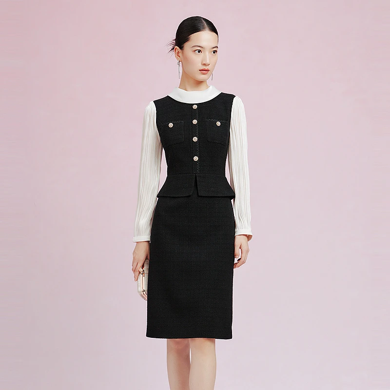 【可可专属】拉珂蒂秋季通勤新款法式假两件气质连衣裙拼接礼服裙