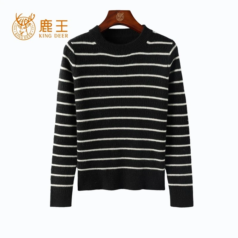 鹿王24秋冬新款女圆领100山羊绒条纹修身针织套衫 加厚 4J9804