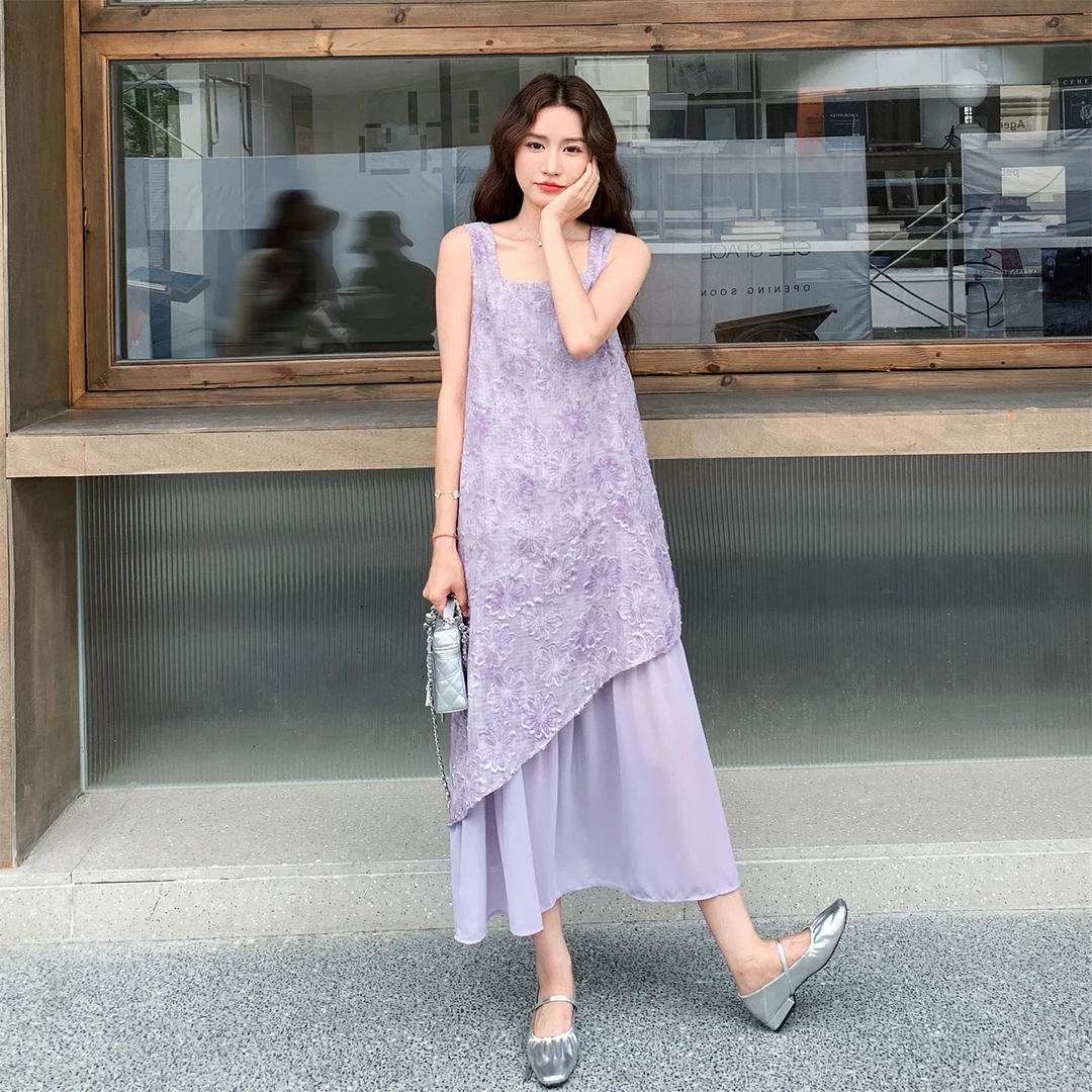 紫色提花假两件背心连衣裙女夏季2025新款绝美巨好看减龄超火长裙