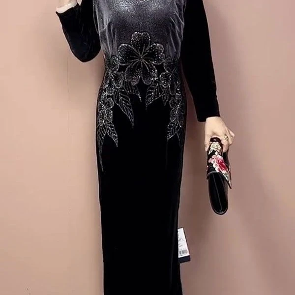 02潮流镶钻领拼接收腰显瘦秋季长款连衣裙