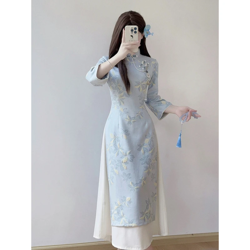 淡蓝色旗袍改良奥黛裙秋季长袖连衣裙新中式高腰修身遮肚子茶艺服