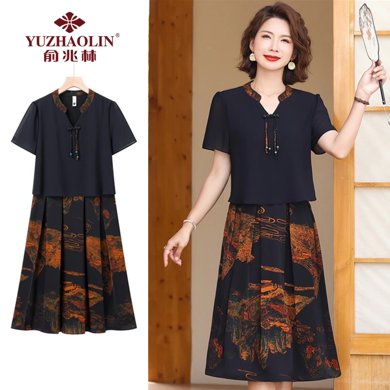 俞兆林中年妈妈夏装连衣裙新中式短袖国风长裙减龄遮肚假两件裙子