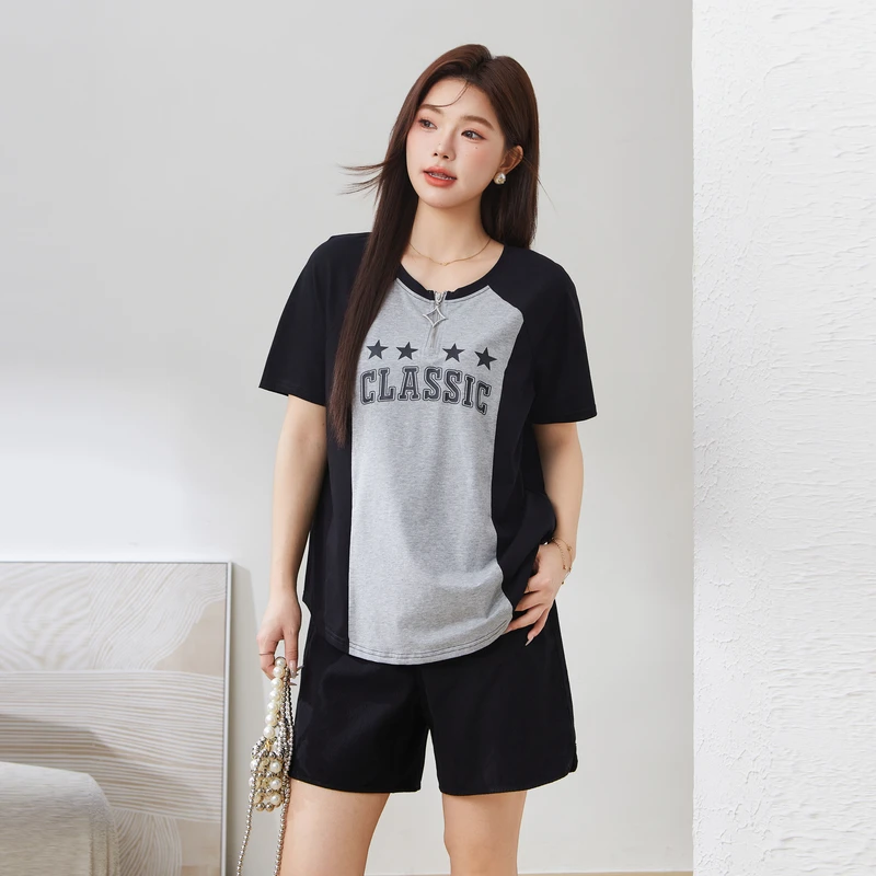 采多宝大码女装撞色拼接短袖上衣 EXZ5010