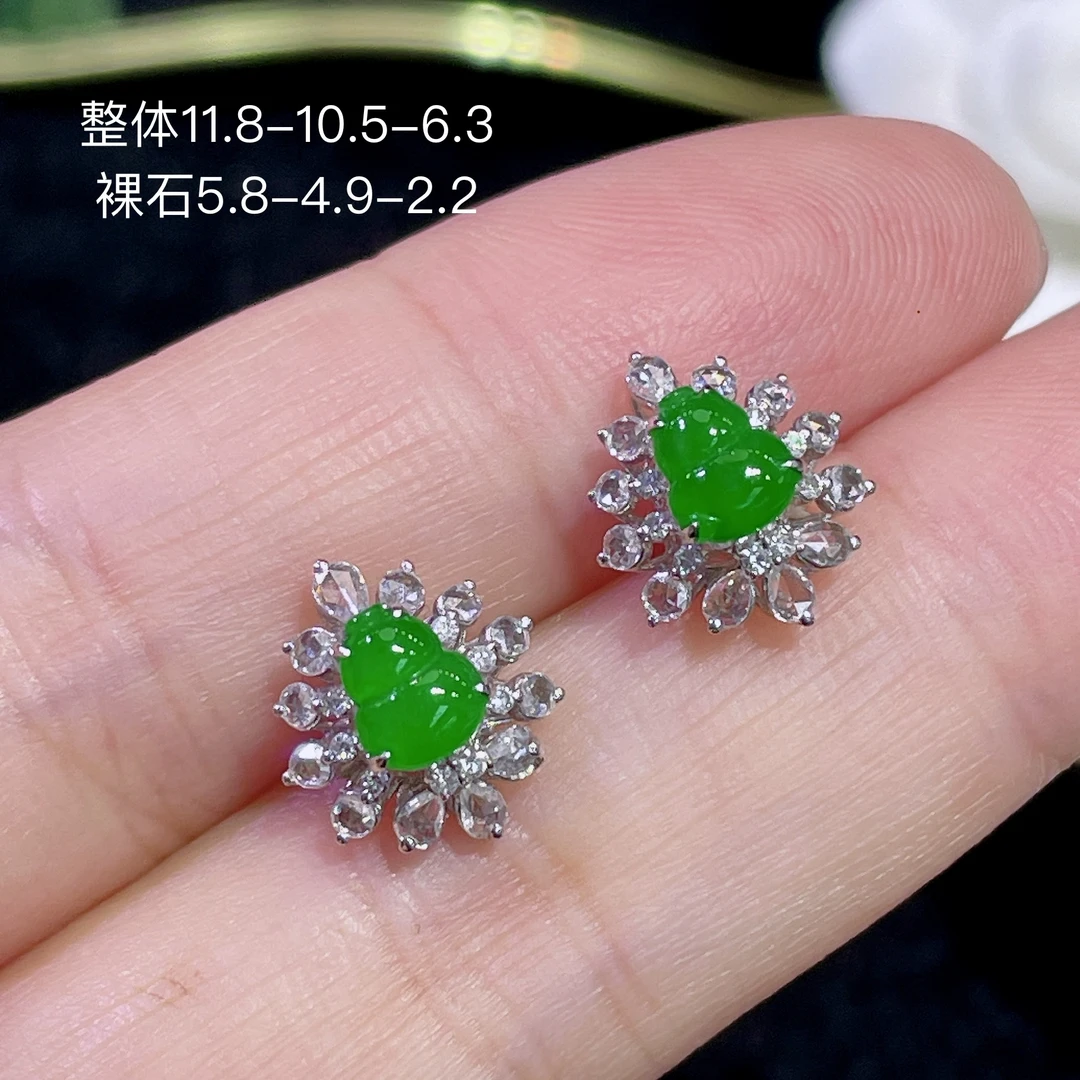 高端翡翠天然缅甸A货18k金镶嵌钻石阳绿色辣绿色满绿葫芦耳钉