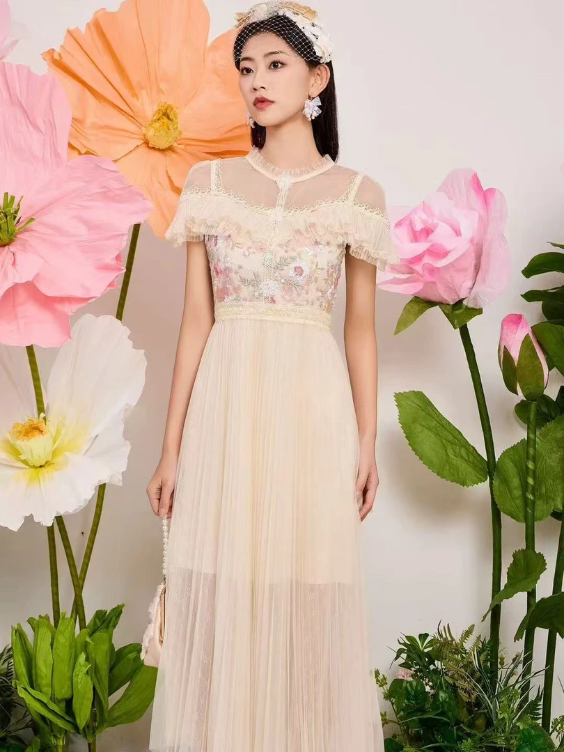 高级重工订珠亮片蕾丝网纱优雅百搭夏季时尚气质连衣裙长款裙子