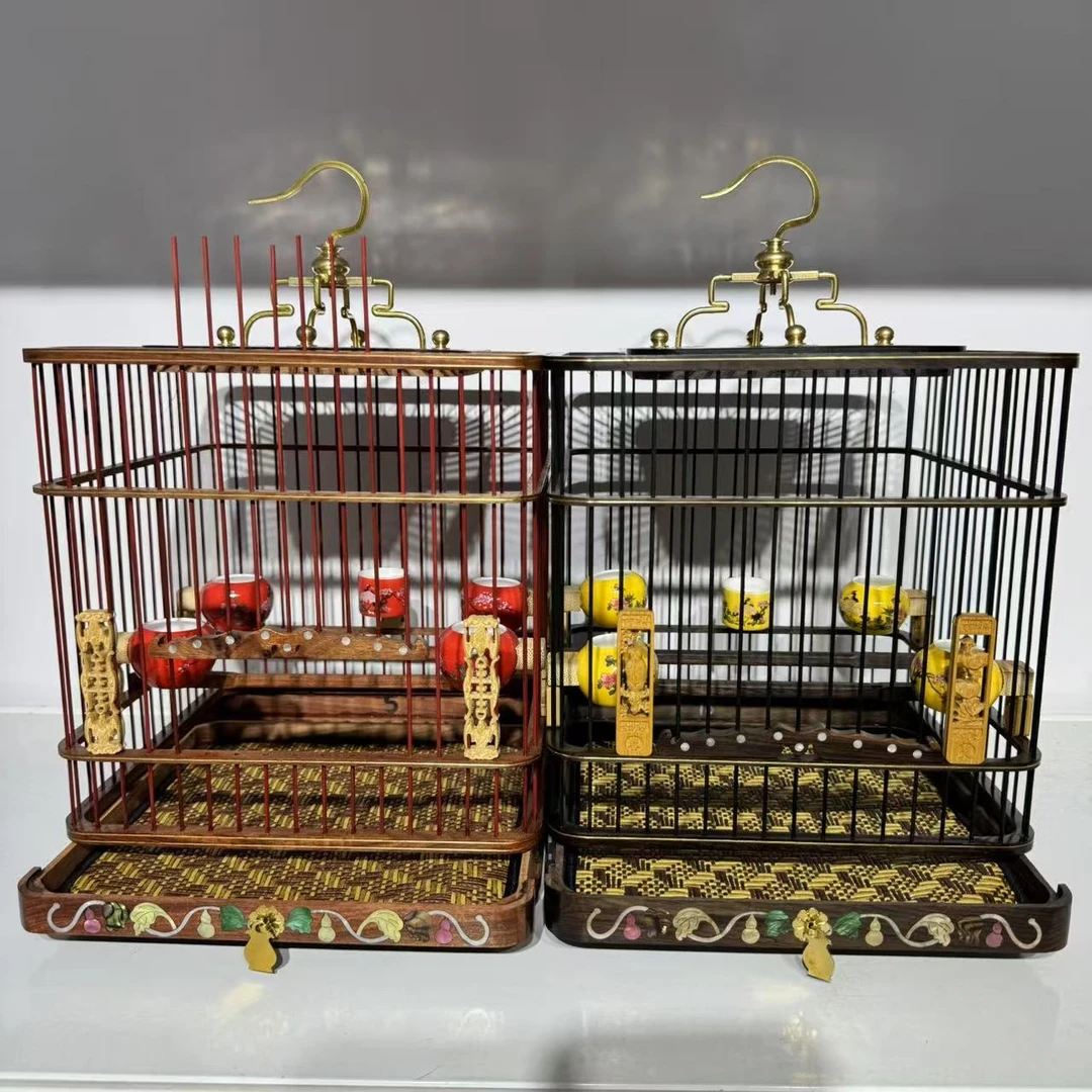 精品23镶嵌款红木乌木方笼红子贝子绣眼正方形抽屉式鸟笼大全