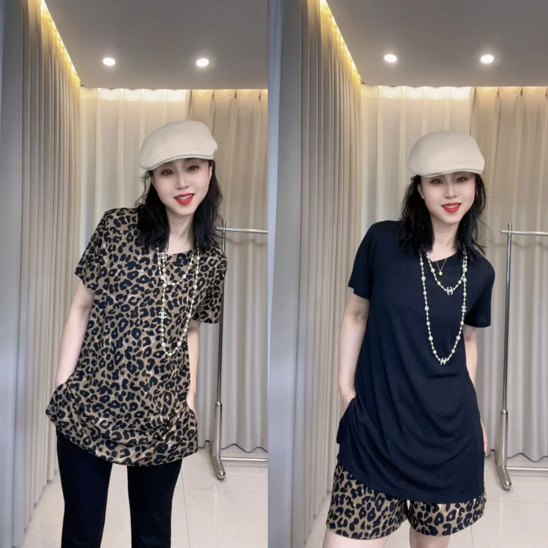 588时尚复古豹纹宽松小衫女夏季中长新款百搭显瘦减龄V领上衣气质