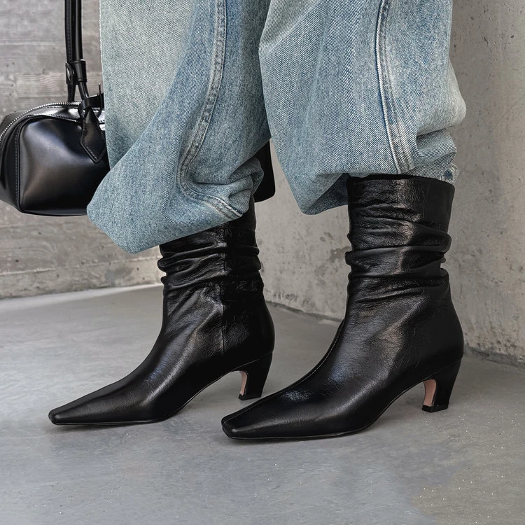 阿丽塔女鞋~5cm秋冬新款法式方头中跟短靴慵懒气质堆堆靴时尚百搭