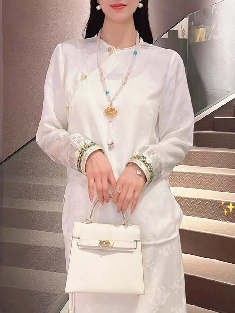 新中式国风提花高级感衬衫女秋季新款提花刺绣拼接气质上衣女