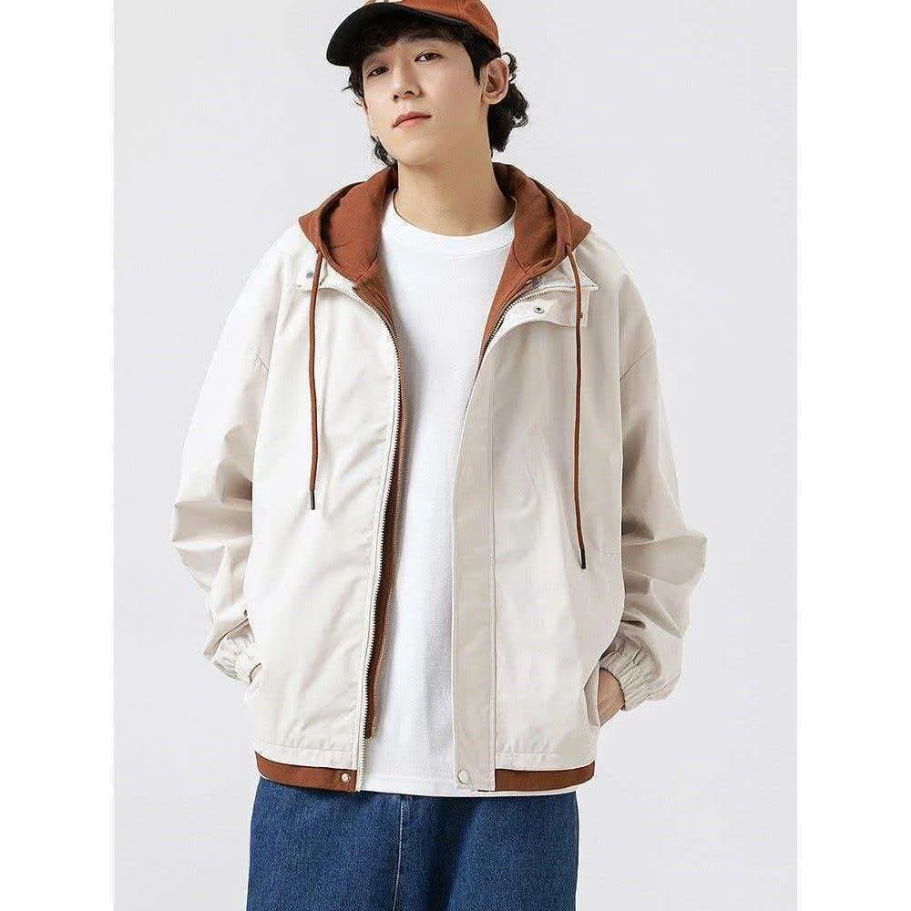 W03假两件外套男女休闲百搭春秋季夹克防风防水连帽冲锋衣潮