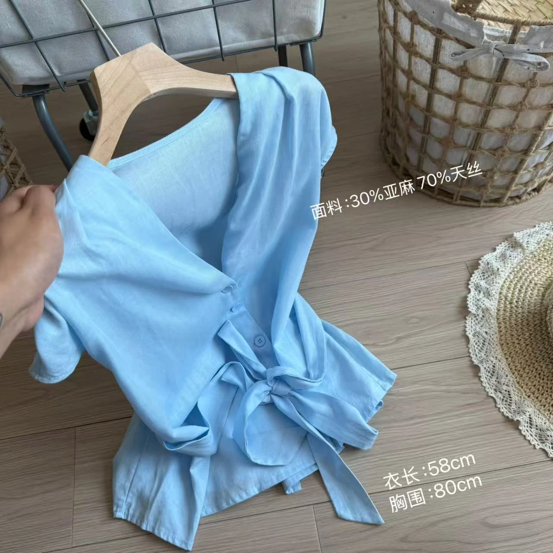 小柒家Y501-夏季V领日常宽松型无袖透气衬衫百搭女装气质小众
