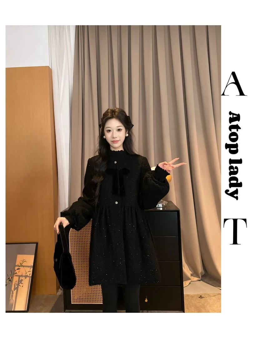 周周【星月夜】NEW 秋冬毛呢羽绒内胆圆领气质花苞袖千金风外套裙