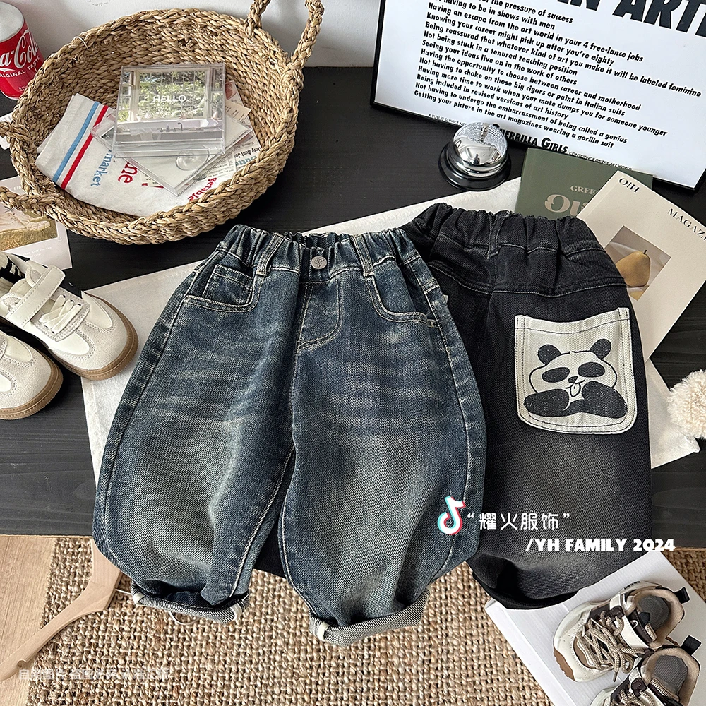 秋季韩版男女童洋气百搭宽松儿童牛仔裤 ETBB-811熊猫牛仔裤