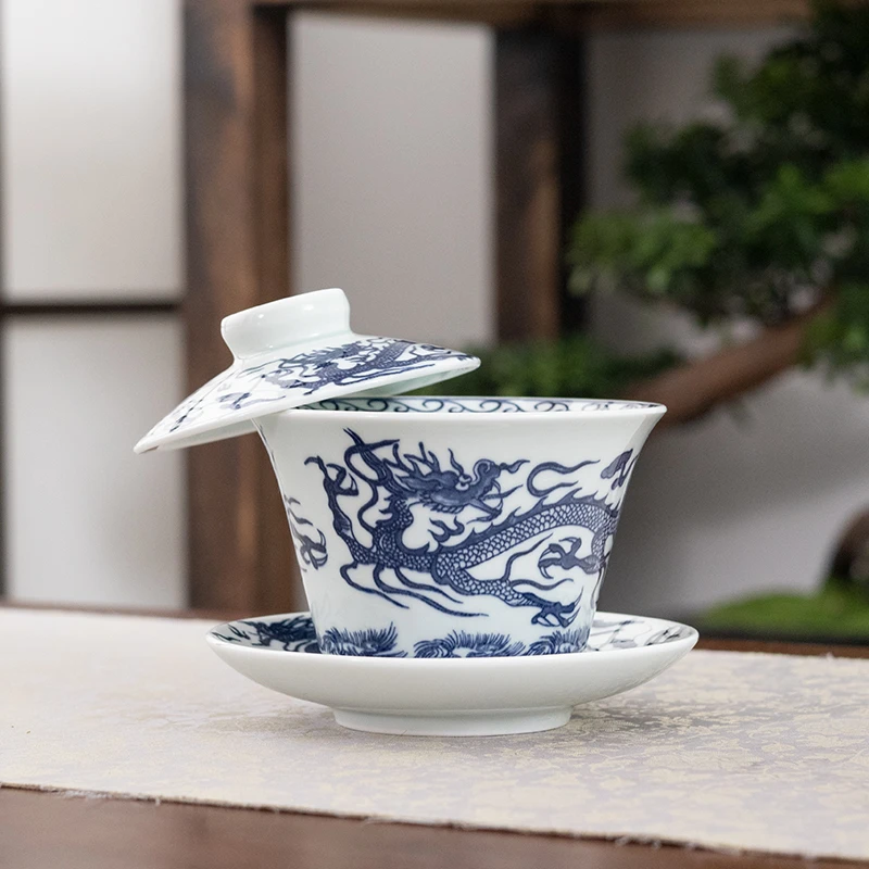 中式泡茶个人专用茶具青花龙纹轻奢盖碗茶具高档陶瓷三才盖碗茶杯