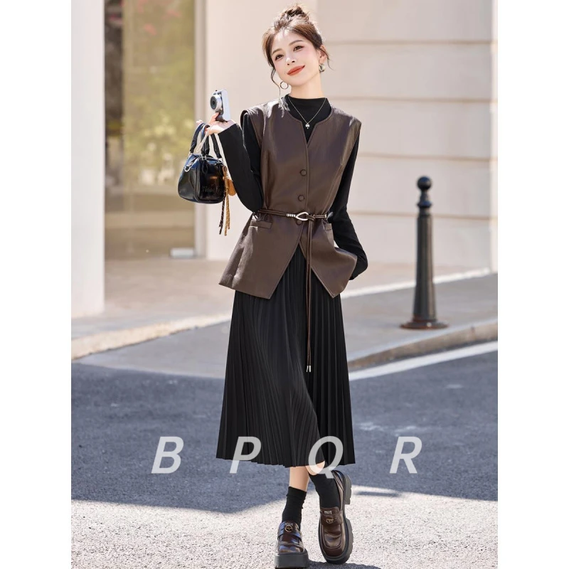 BPQR皮衣马甲连衣裙套装女新款巨好看的早秋穿搭一整套时尚高级感