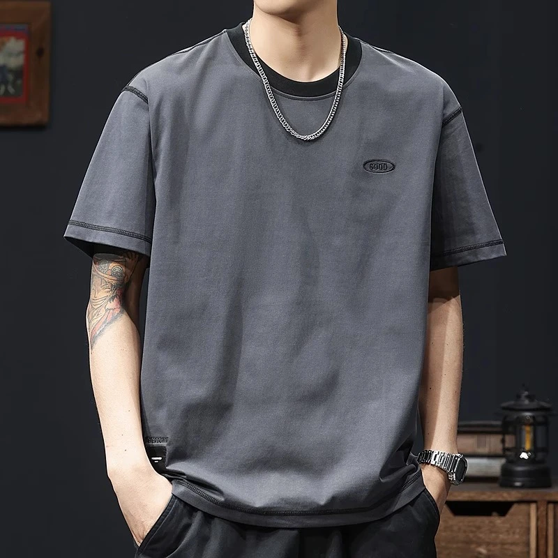 Cebrodz潮牌简约短袖t恤男夏季新款宽松百搭刺绣圆领体恤上衣男