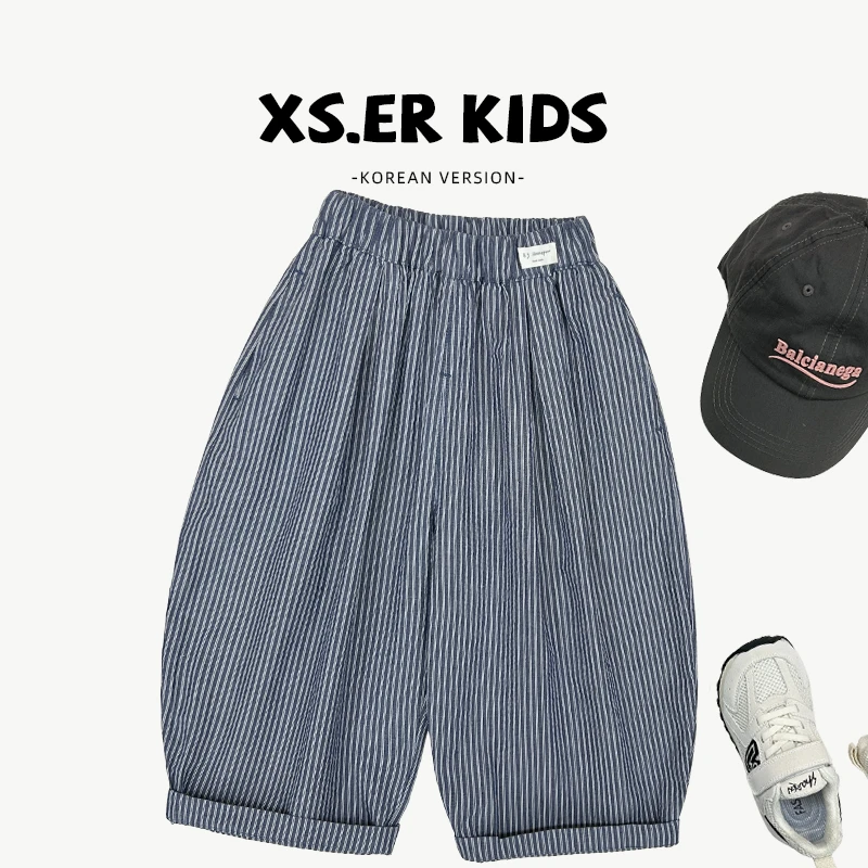 【派町】夏季儿童韩版洋气宽松条纹百搭时尚休闲贴标裤子HBB7479