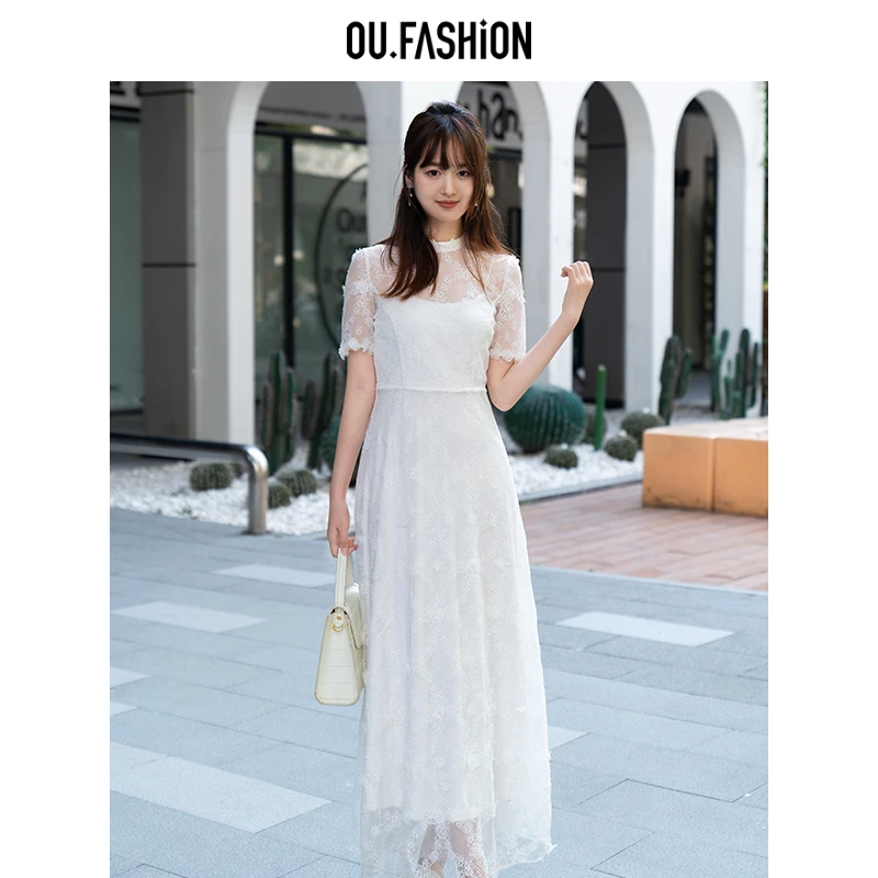OU.FASHION/欧点蕾丝网纱刺绣收腰大摆白色短袖连衣裙1122420361