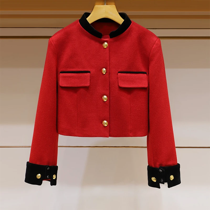 2024冬装新款时尚轻奢小香风丝绒立领单排扣撞色拼接高级感短外套