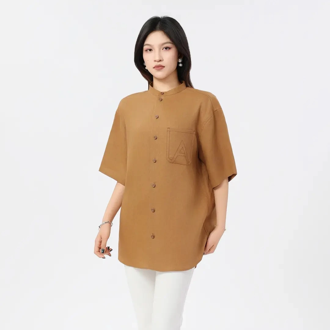 AMASS/阿玛施 新款时尚短袖衬衣百搭翻领排扣衬衫 530060