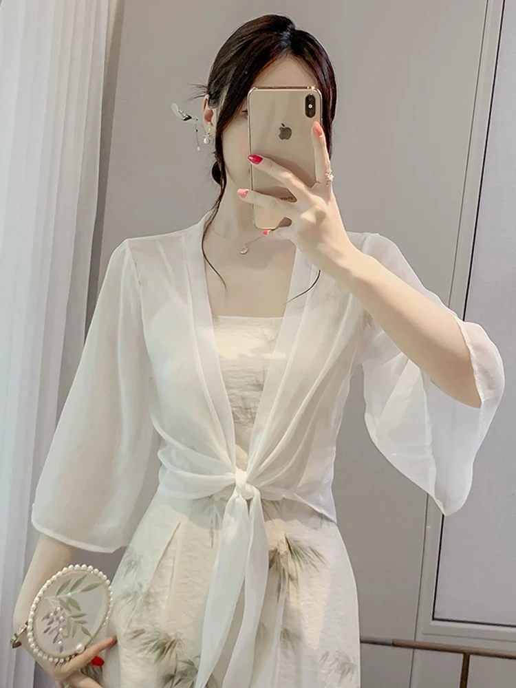 白色冰丝防晒衣小披肩女夏季配裙子外搭雪纺开衫外套薄纱系带上衣