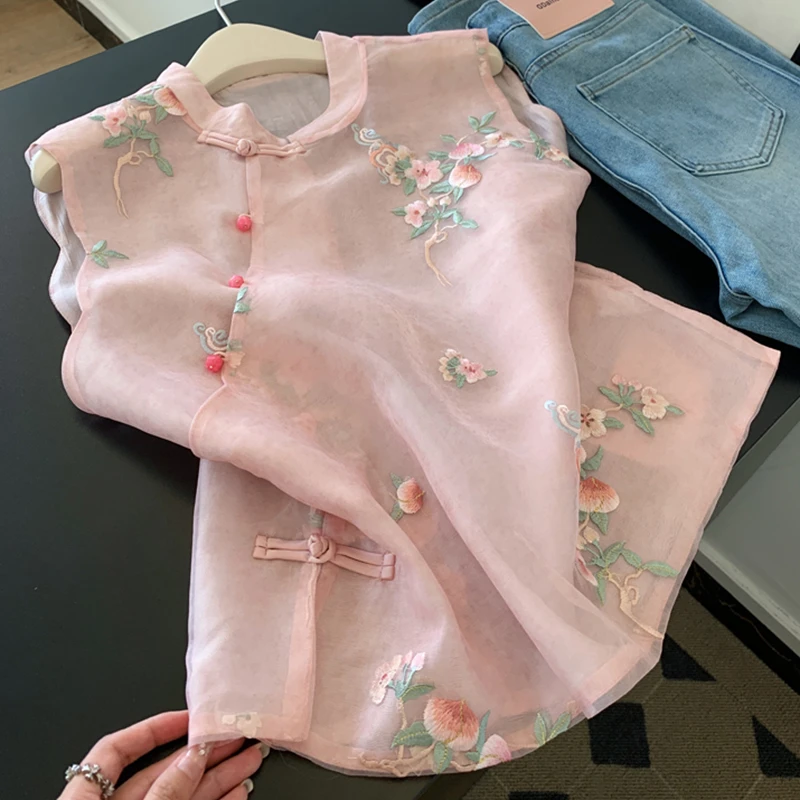 新中式国风立领刺绣斜襟扣衬衫女2025夏季新款气质显瘦无袖小上衣