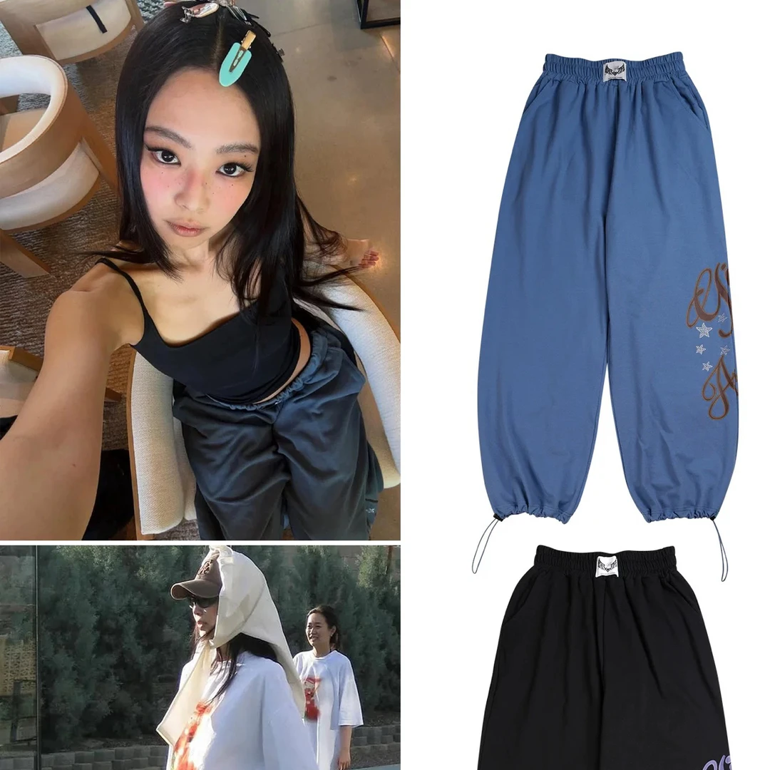 韩国小众潮牌gila*rch*ve烫钻显瘦字母宽松抽绳休闲卫裤女