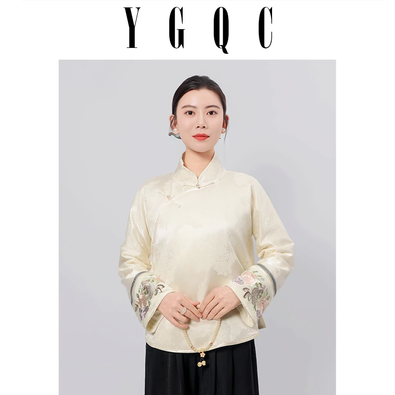 【岳光倾城】S14玥如新中式高端桑蚕丝手工绣花长袖上衣