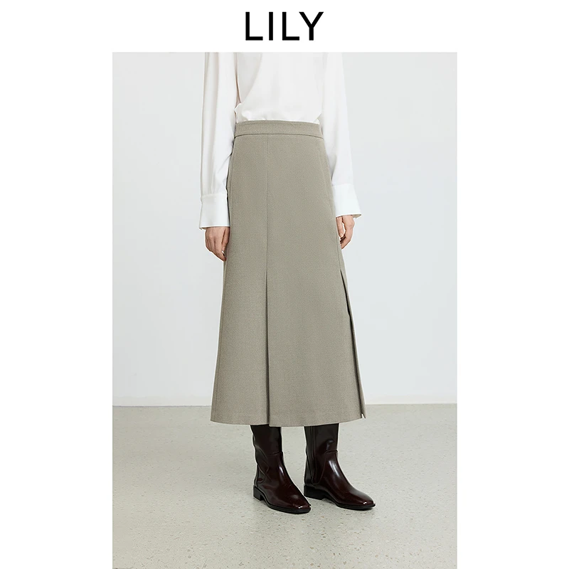 LILY2025冬新款法兰绒格雷系气质通勤鱼尾裙半身裙女125409C6915