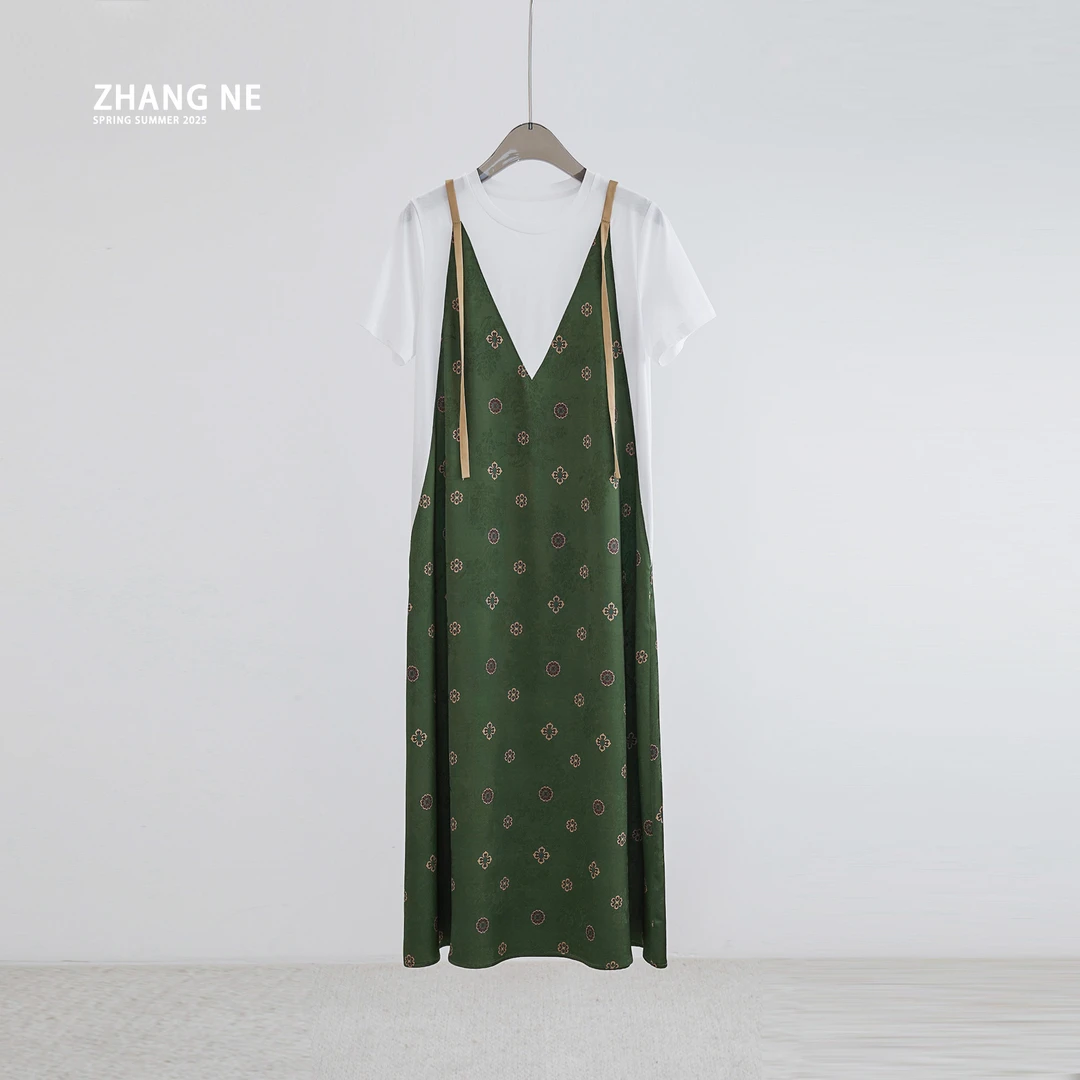 【ZHANG NE】夏季新款休闲印花假两件短袖连衣裙-25052060123