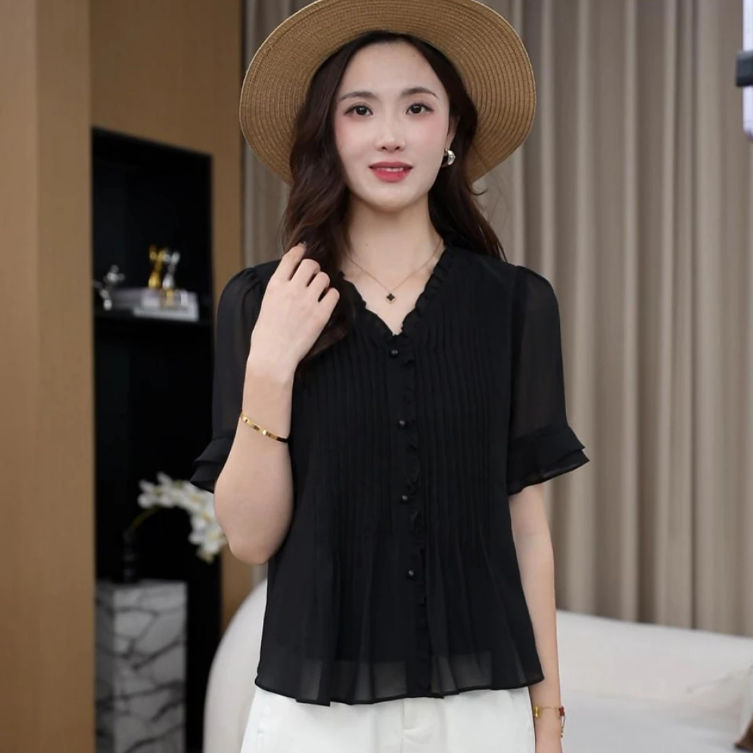 【风吹一夏】夏季新款V领木耳边薄款气质减龄显瘦洋气小衫