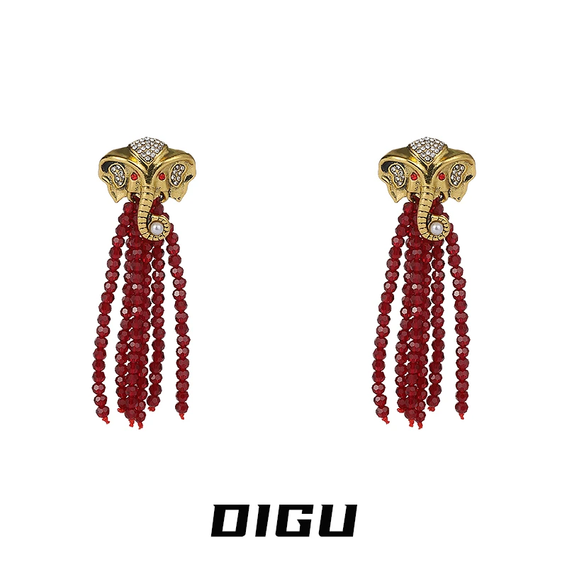 嘀咕家 铜合金仿珍珠耳饰 复古大象耳环新年串珠流苏耳钉气质耳饰