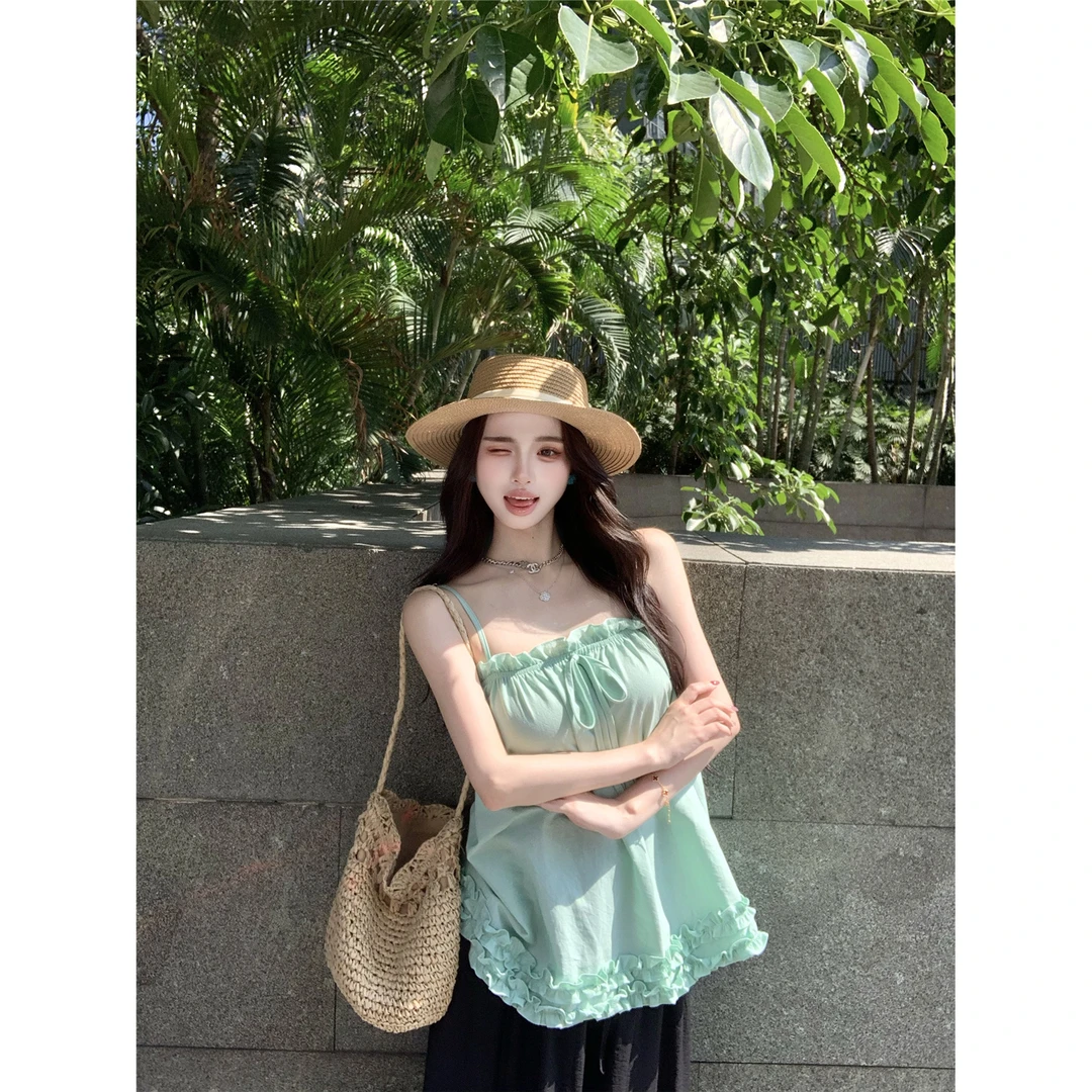 2025新款木耳边吊带背心女抽绳花边上衣宽松阔腿休闲裤两件套潮