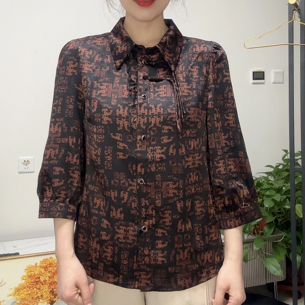 妈妈装正肩女士衬衫领修身显瘦上衣新中式系扣开衫复古花时尚优雅