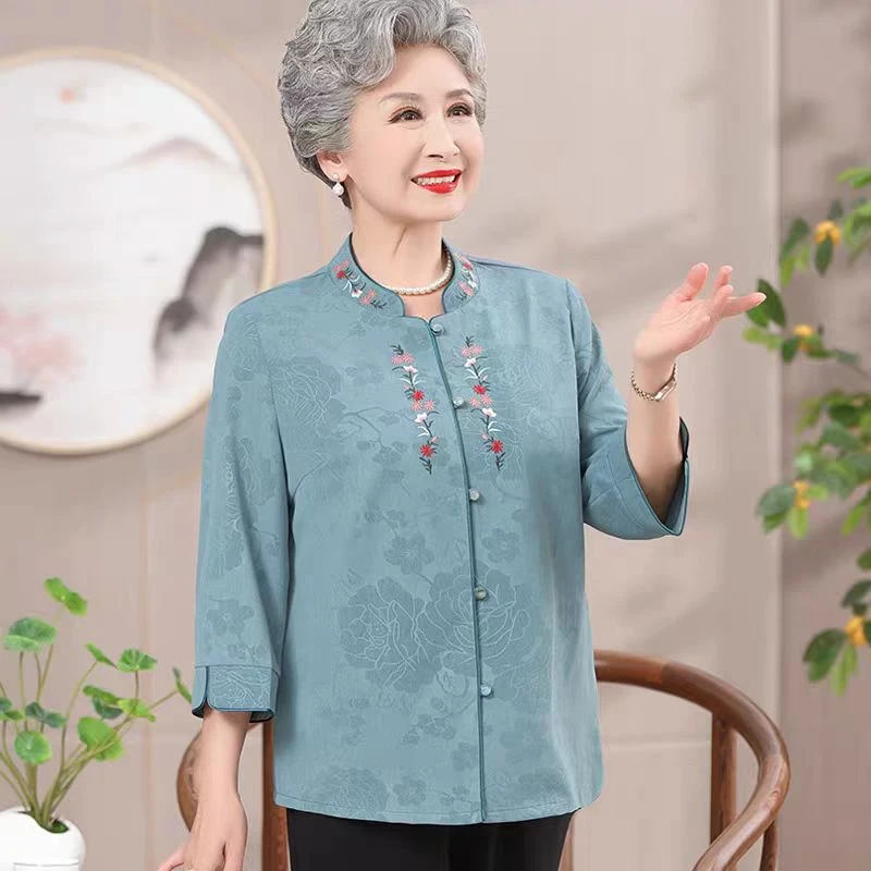 9606-上新刺绣上衣！夏季新款新中式国风中袖立领妈妈装上衣（A仓）
