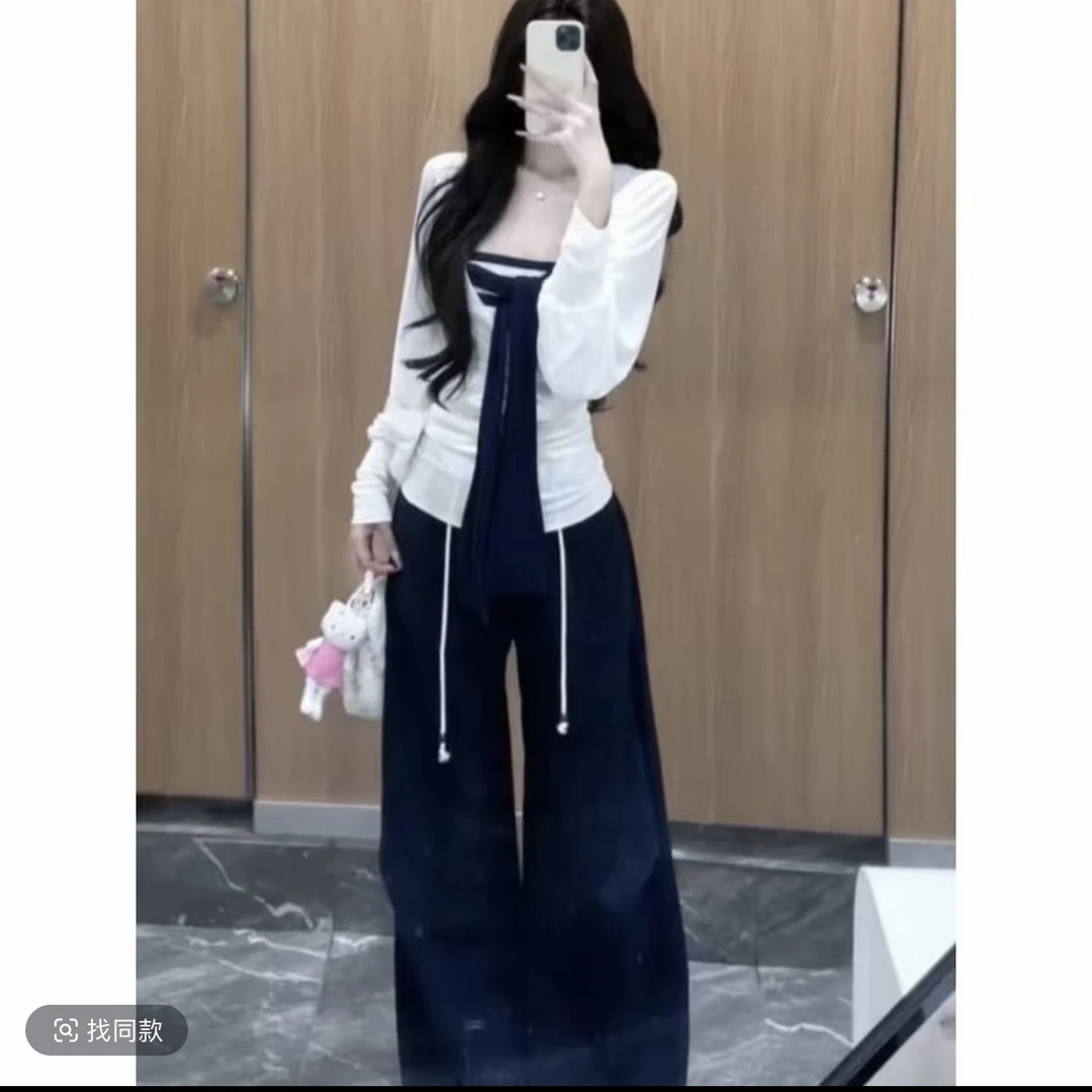 大码秋款韩系纯欲欲风条纹吊带长袖罩衫阔腿裤穿搭慵懒显瘦套装