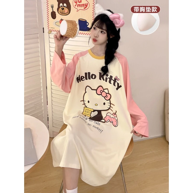 长袖睡裙带胸垫女春秋冬薄款初中学生高中生家居服女大童甜美睡衣